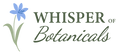 Logo of Whisper of Botanicals with a blue flower and green leaves on a green background.
