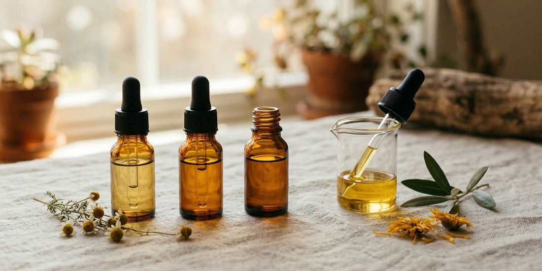 Three amber glass dropper bottles with a small beaker containing a yellow liquid on a textured surface.