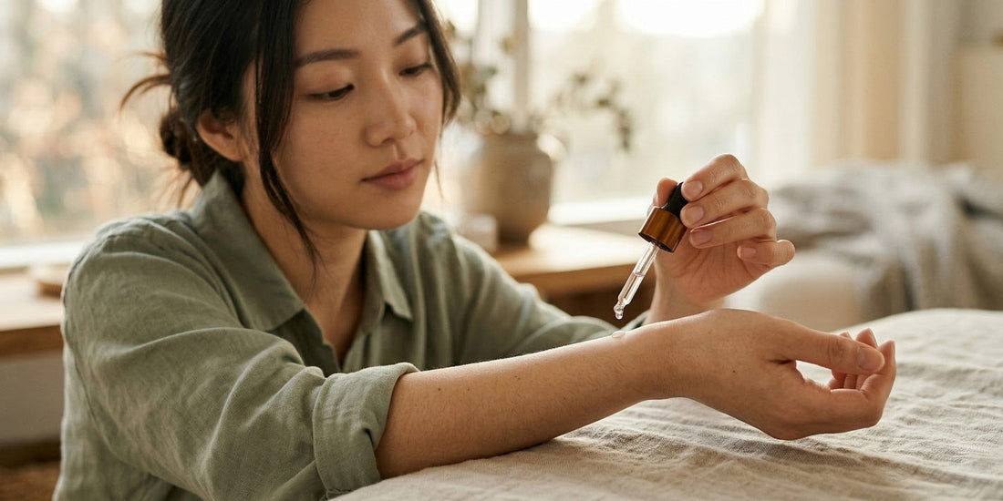 Woman applying a drop of liquid to her wrist in a softly lit room.