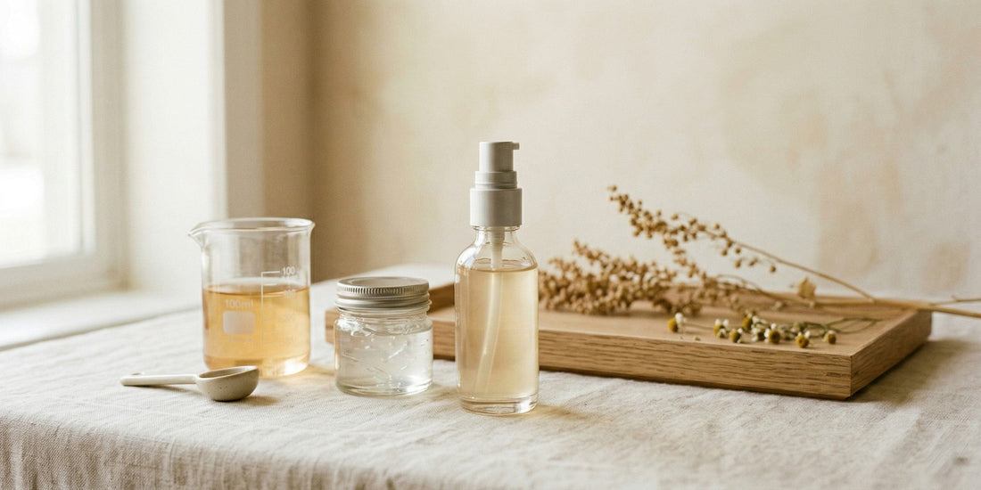 Clear glass bottle with a spray mechanism on a wooden tray with a neutral background.