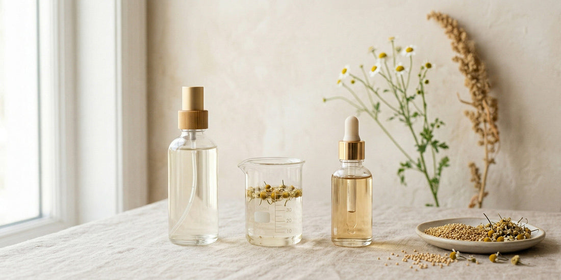 Three glass bottles with droppers on a light surface with a neutral background.