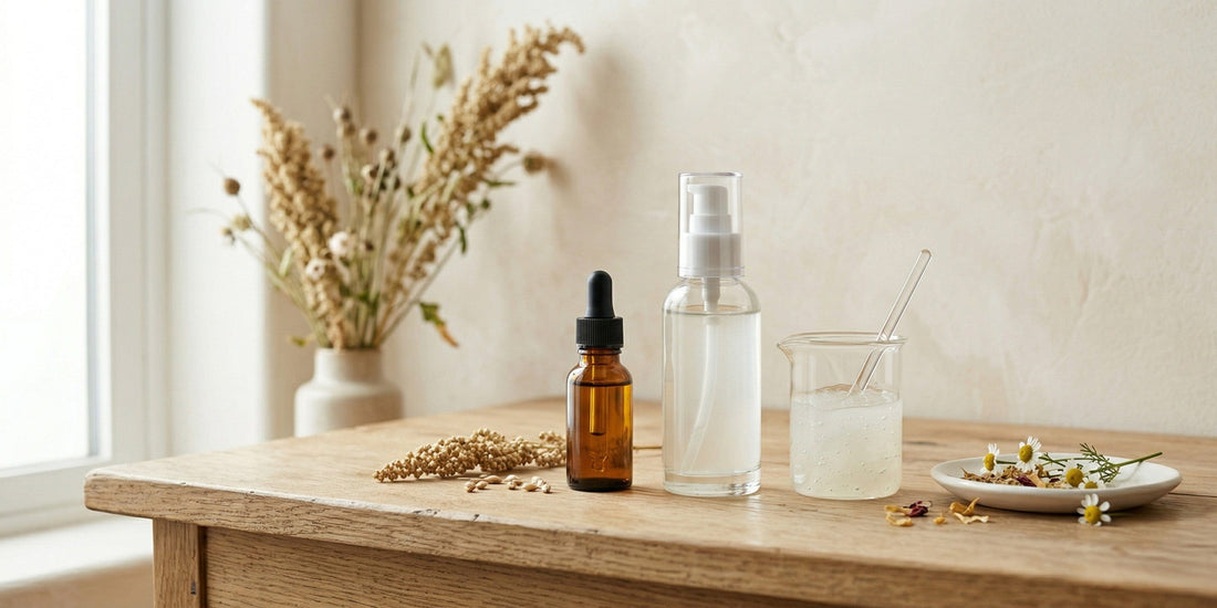 Bottles of skincare products on a wooden table with a neutral background.