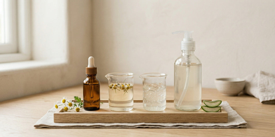 Herbal liquid with a glass of gel on a wooden tray, with a neutral background.