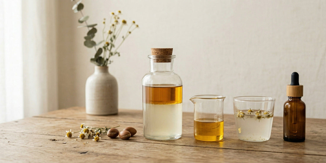Bottles of liquid on a wooden table with a neutral background.