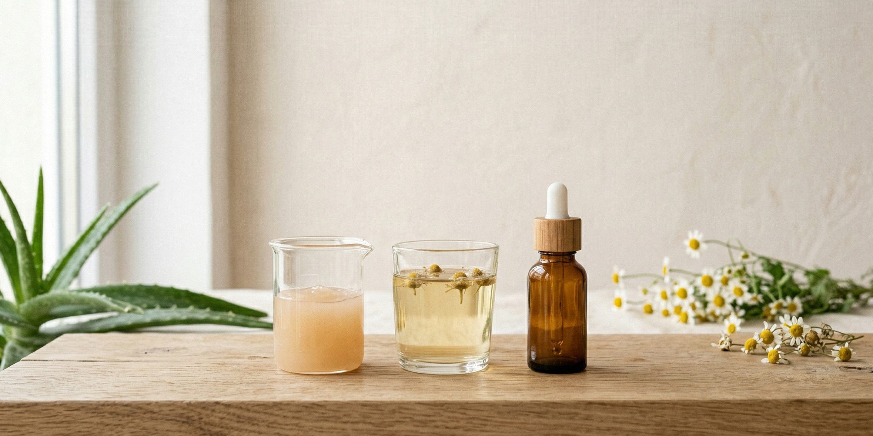Aloe vera plant, glasses with liquids, and an essential oil dropper on a wooden surface.