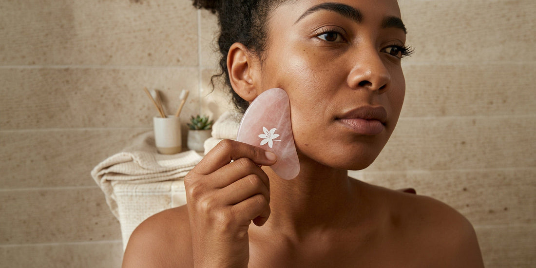 Woman applying a facial mask with a floral design in a bathroom setting.