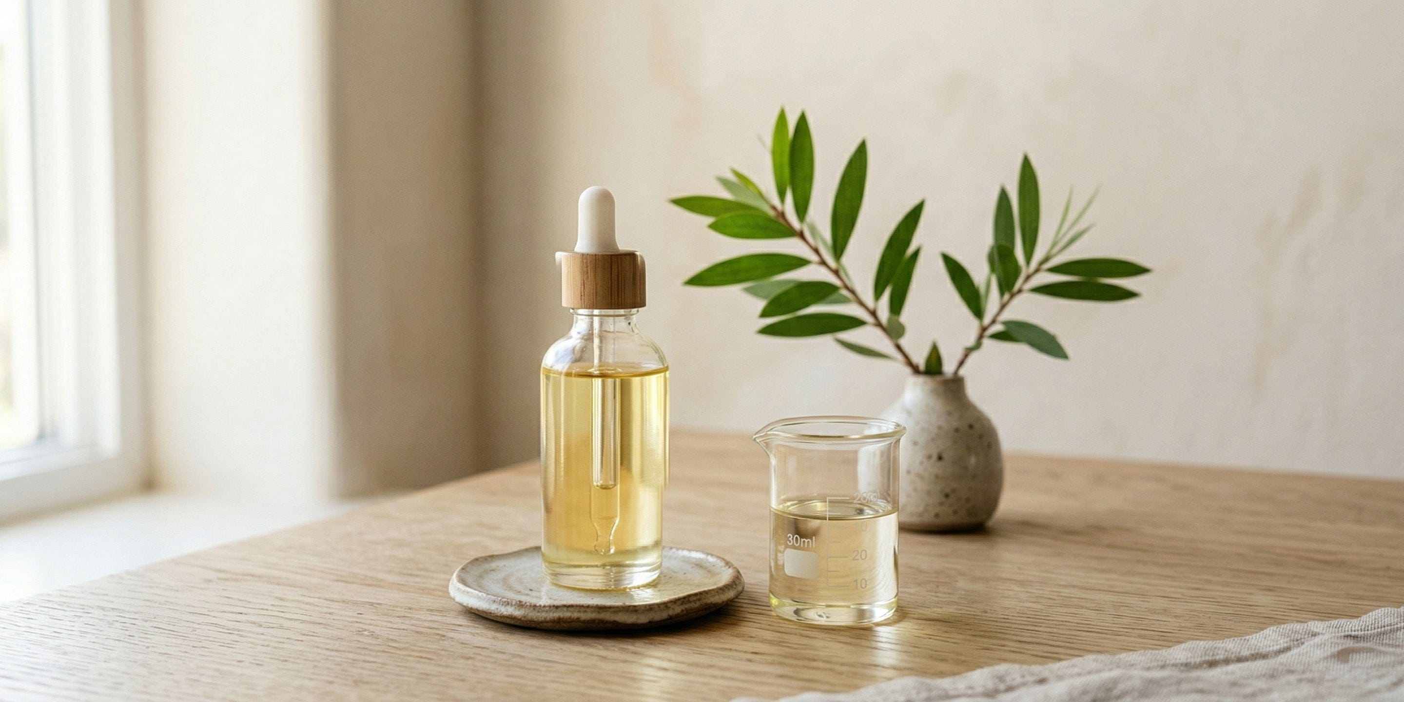 Glass bottle with dropper, glass of liquid, and plant on a wooden table.