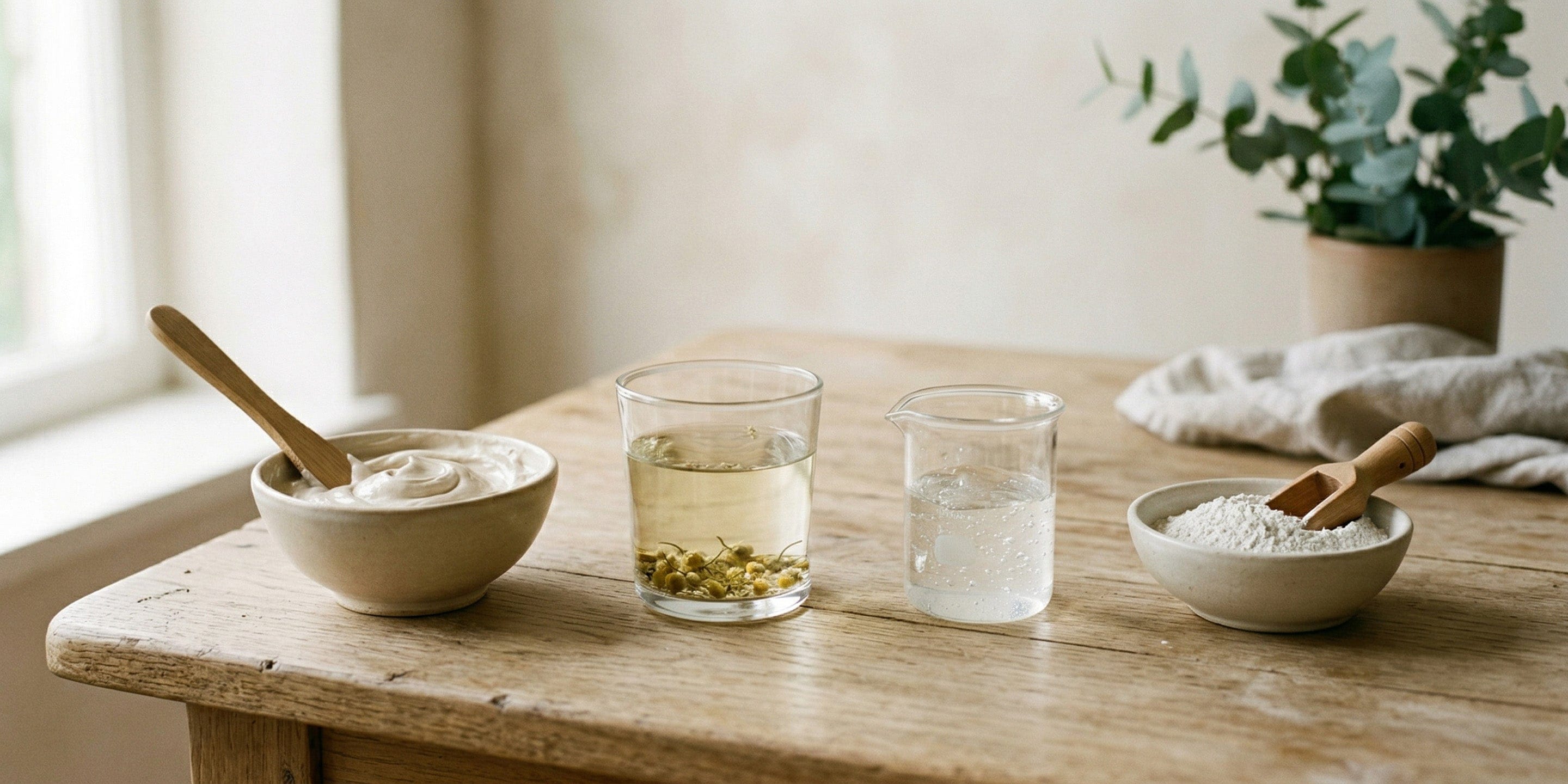 Two glasses of water with a wooden spoon and small bowls on a wooden table.