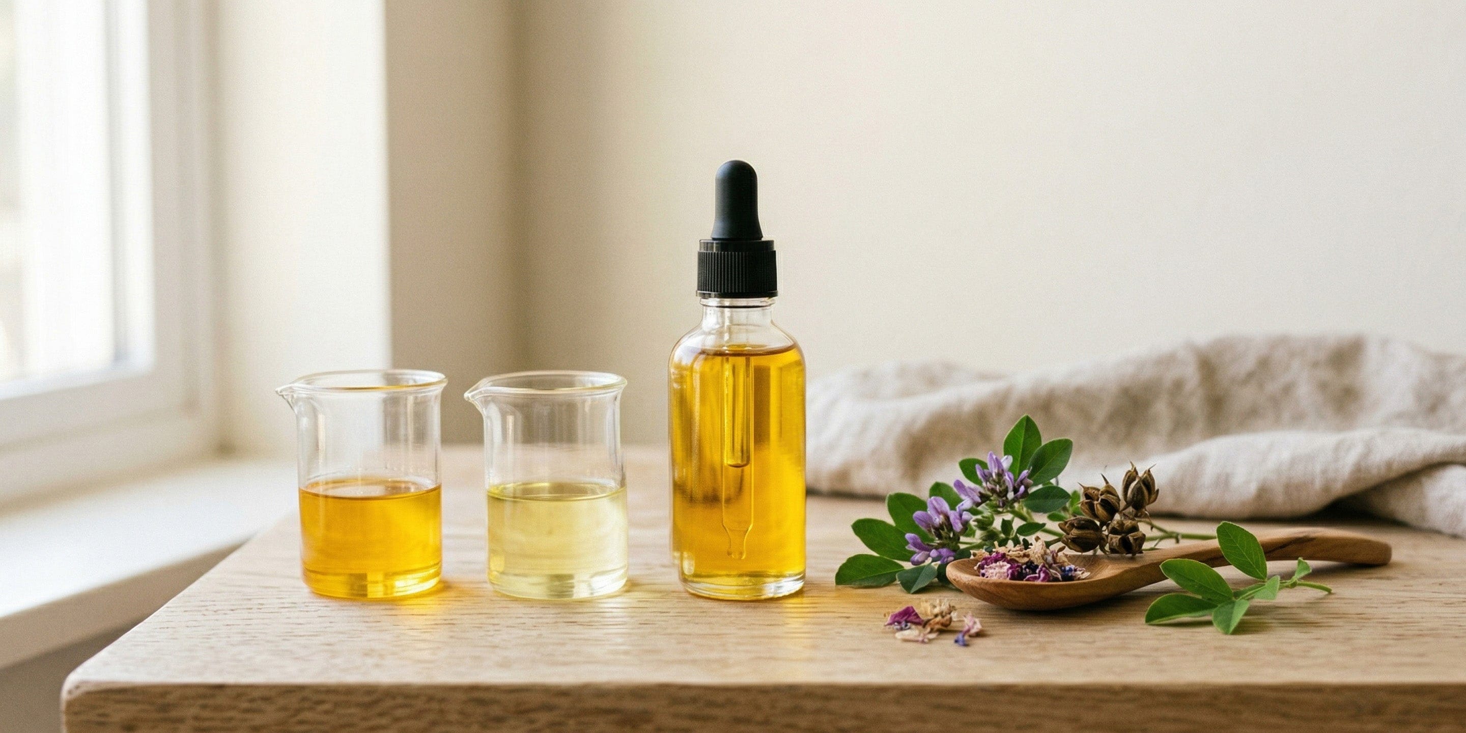 Bottle of oil with a dropper, two beakers with liquid, and herbs on a wooden surface.