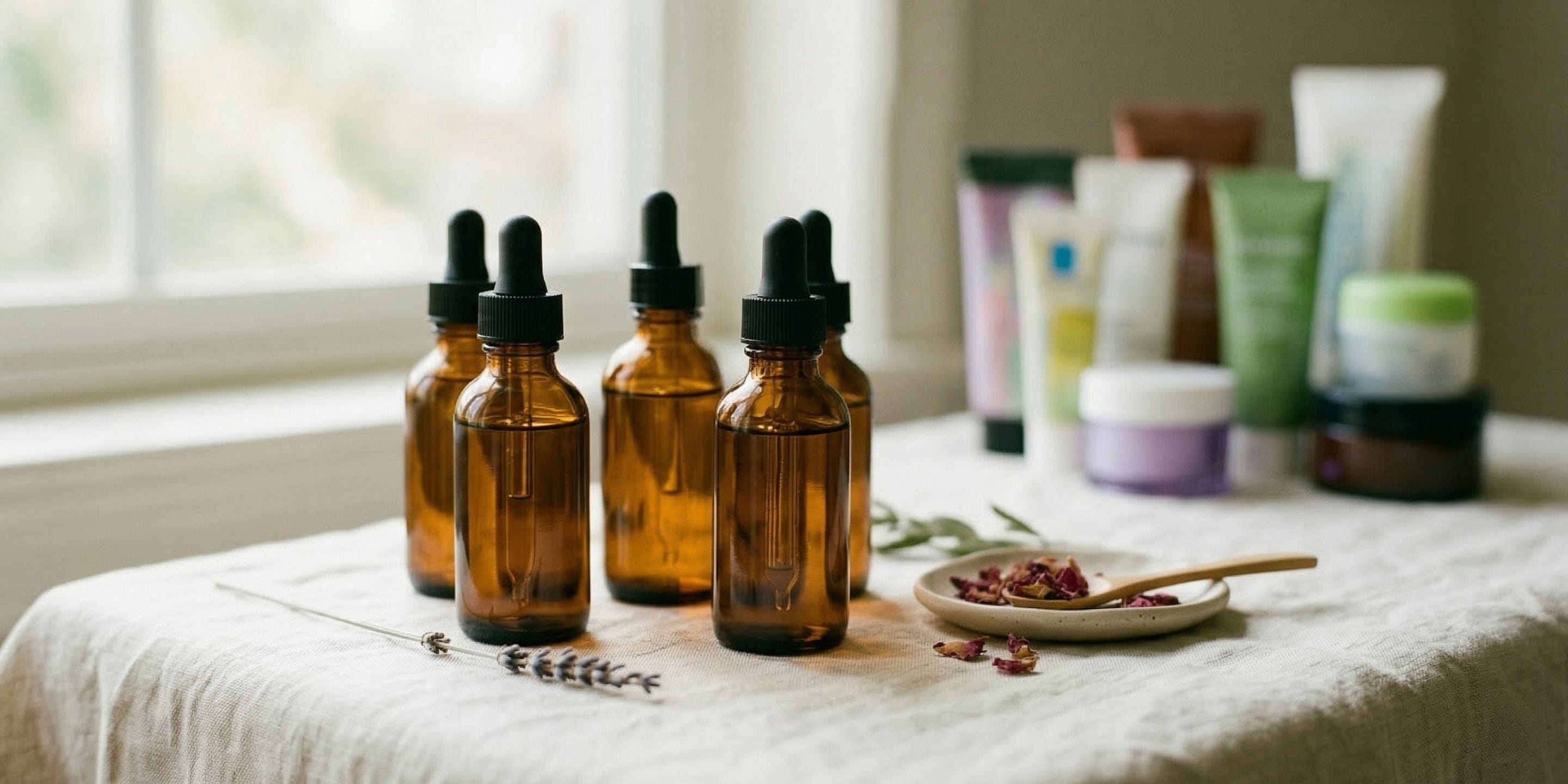 Amber glass dropper bottles on a table with various skincare products in the background.