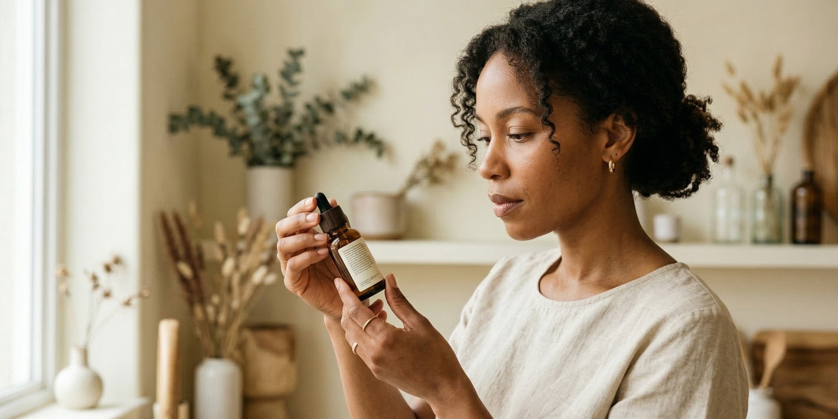 Woman holding a bottle of skincare oil in a home setting.