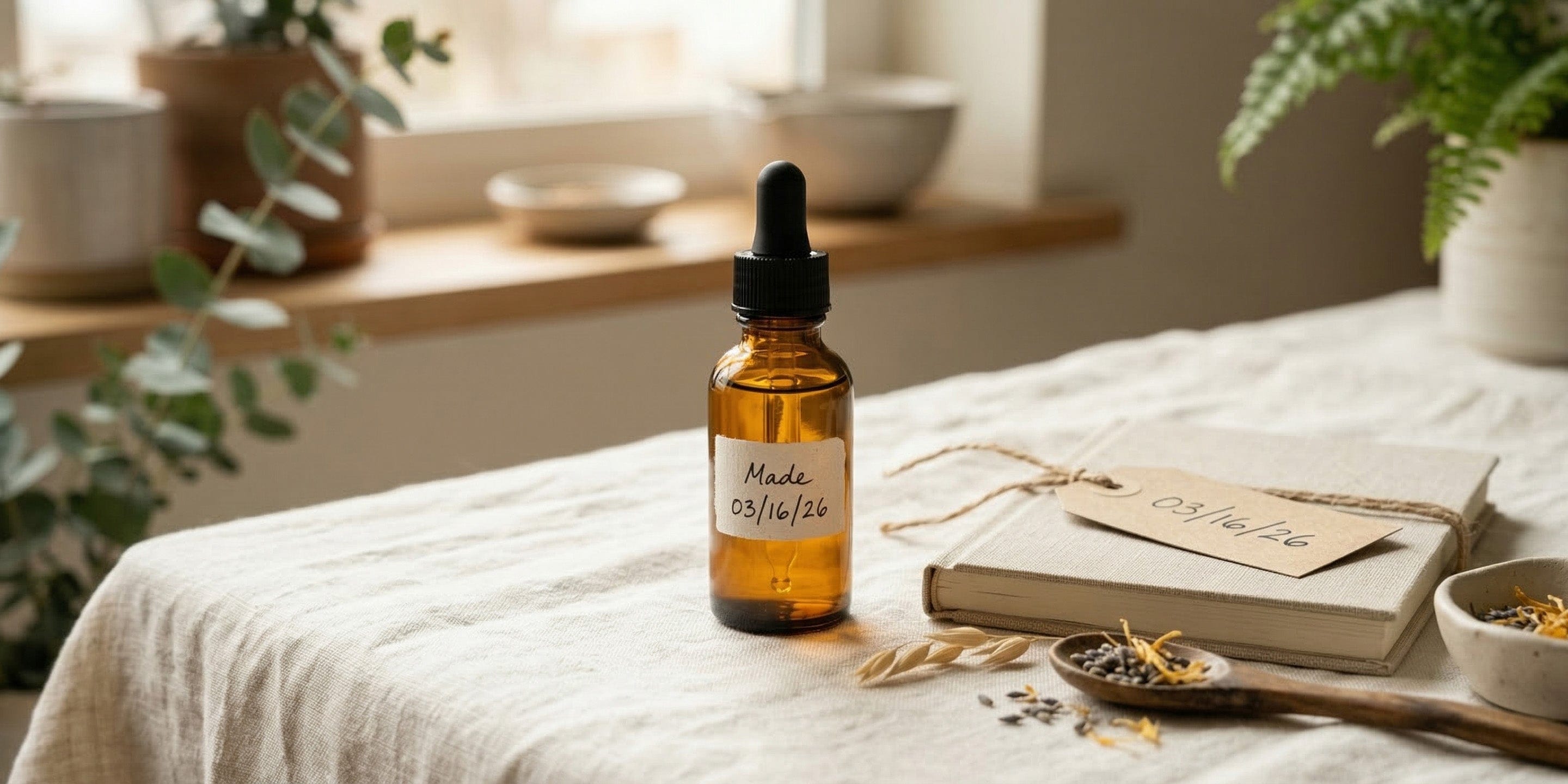 Bottle of amber liquid on a table with a notebook and plants in the background.