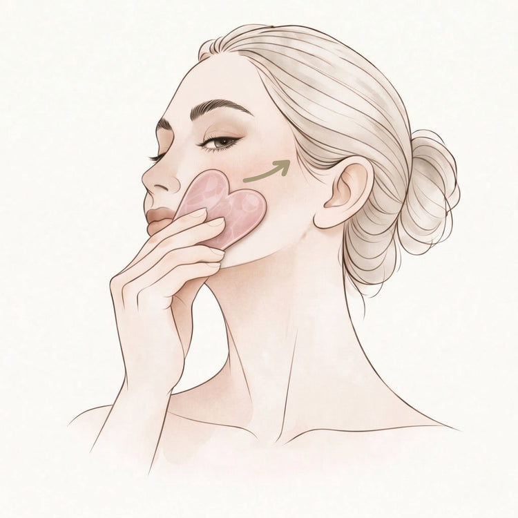 Illustration of a woman touching her cheek with a pink gua sha on a light beige background.