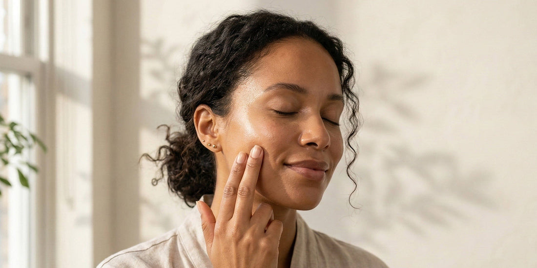Woman gently touching her face in a softly lit room.