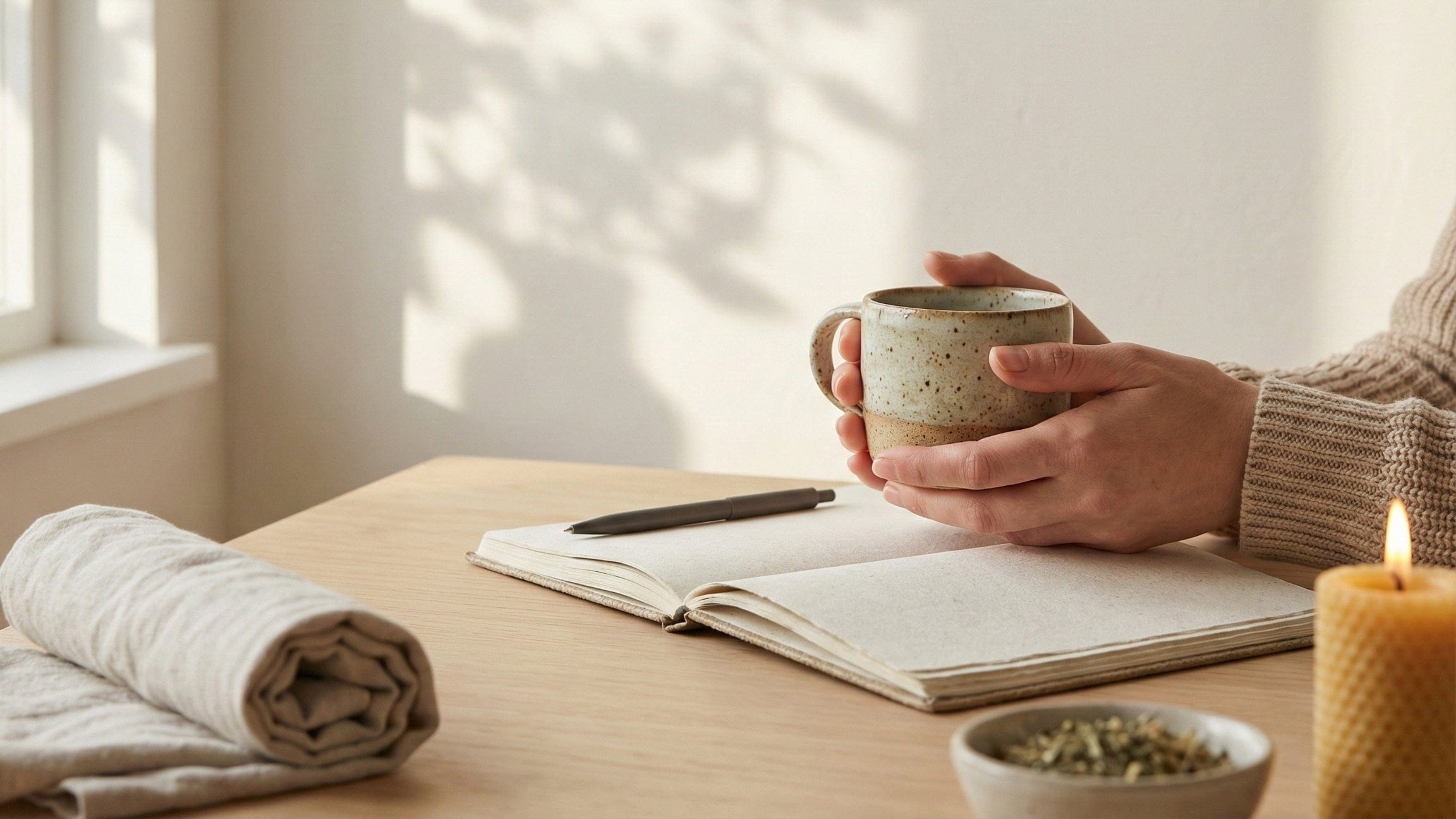 Person holding a mug on a table with a notebook, pen, and candle.