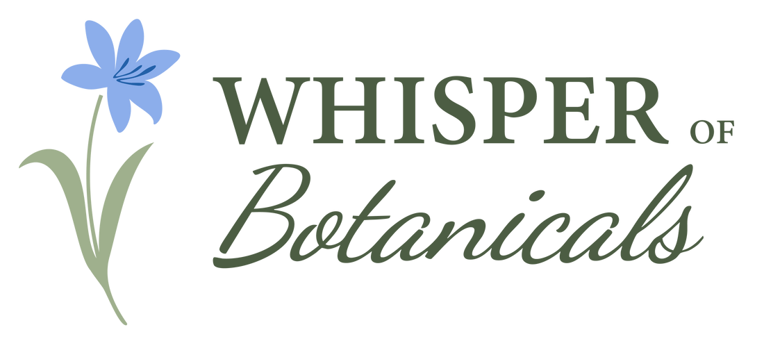 Logo of Whisper of Botanicals with a blue flower and green leaves on a green background.