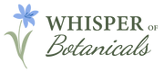 Logo of Whisper of Botanicals with a blue flower and green leaves on a green background.