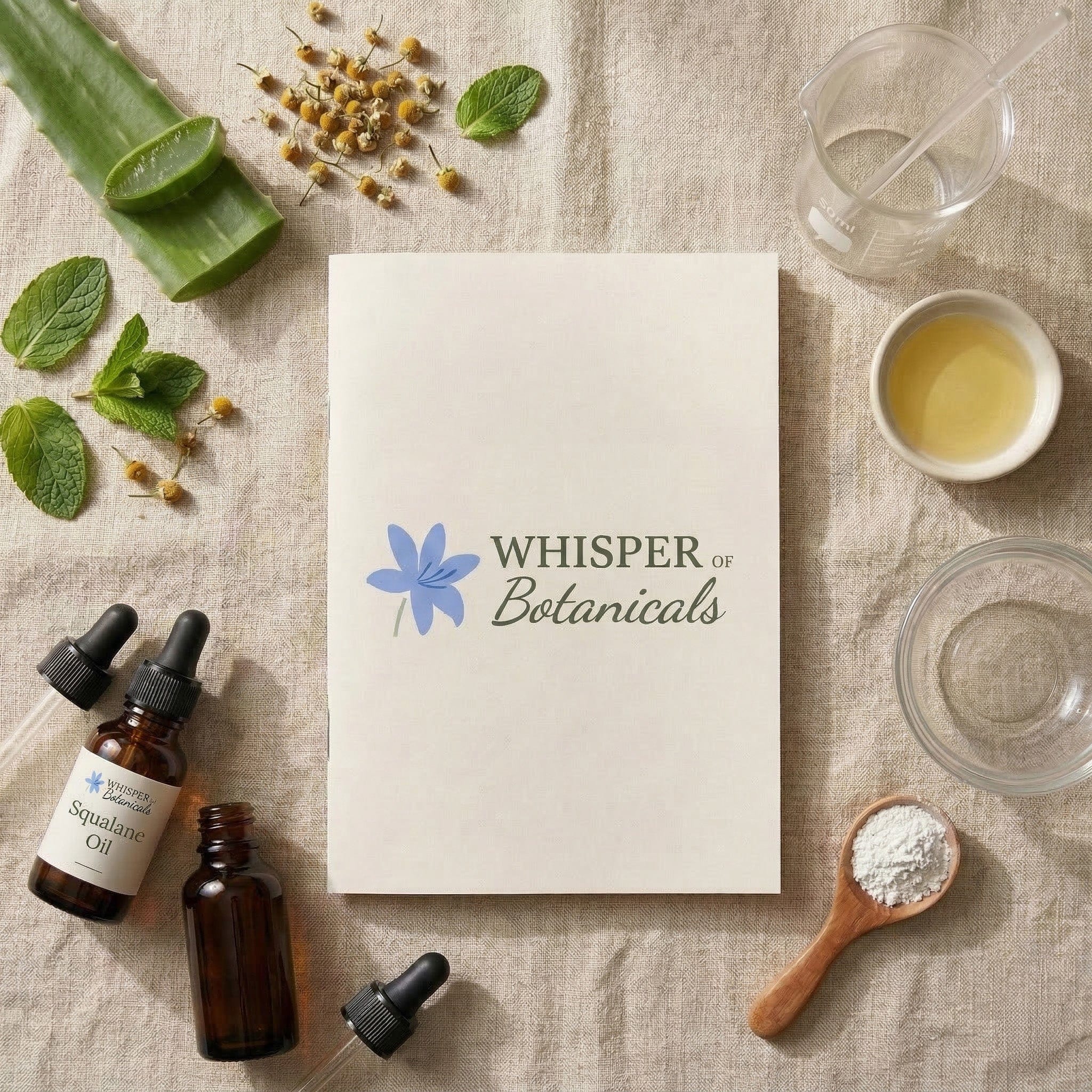 Whisper of Botanicals products including bottles, a notebook, and natural ingredients on a textured surface.