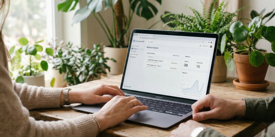 Two people working on a laptop together at a desk with plants in the background.