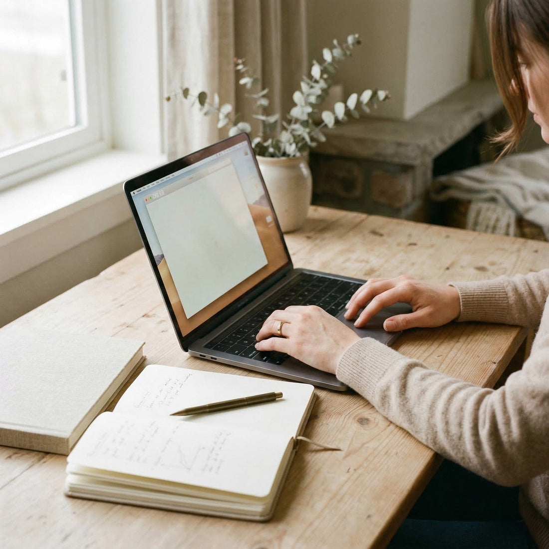 Person using a laptop on a wooden table with a notebook and pen nearby.