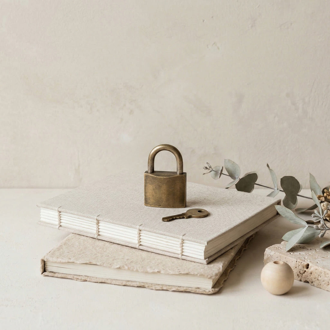 Stack of books with a brass padlock and key on a neutral background.