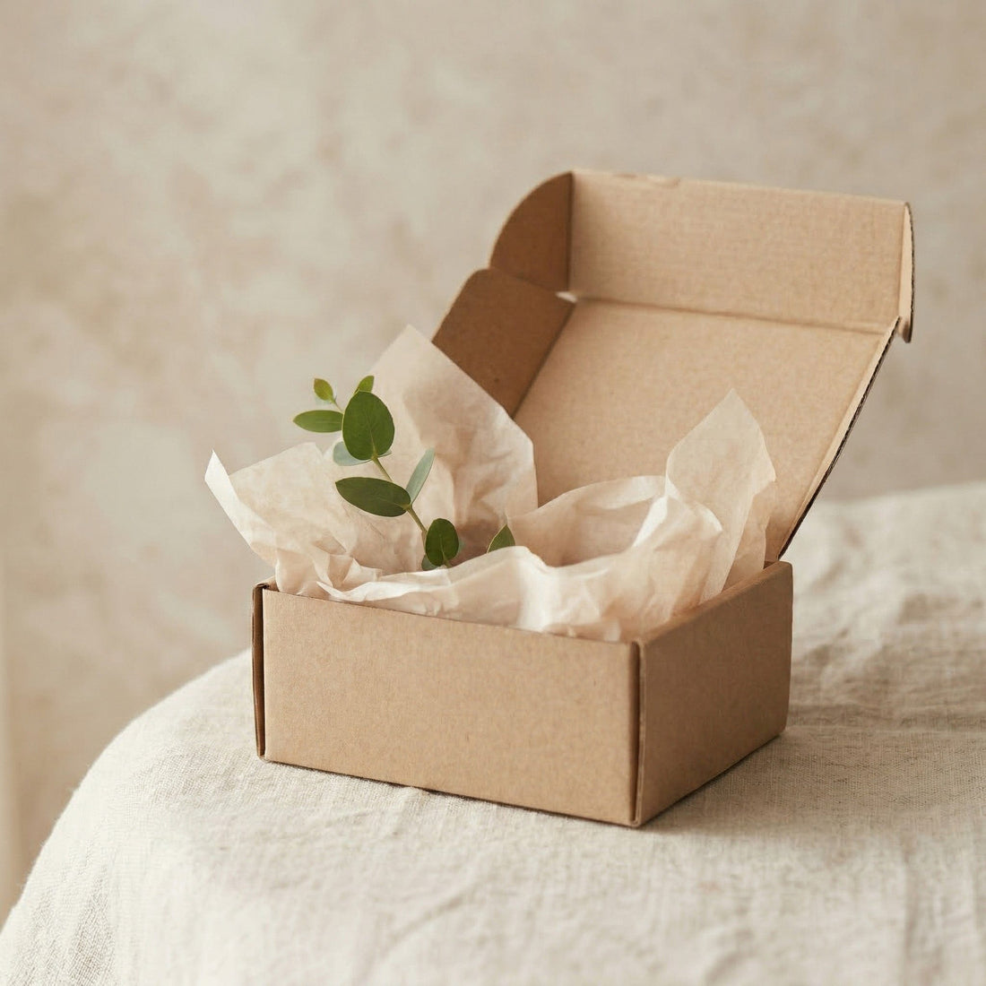 Open cardboard box with tissue paper and a small plant on a neutral background.