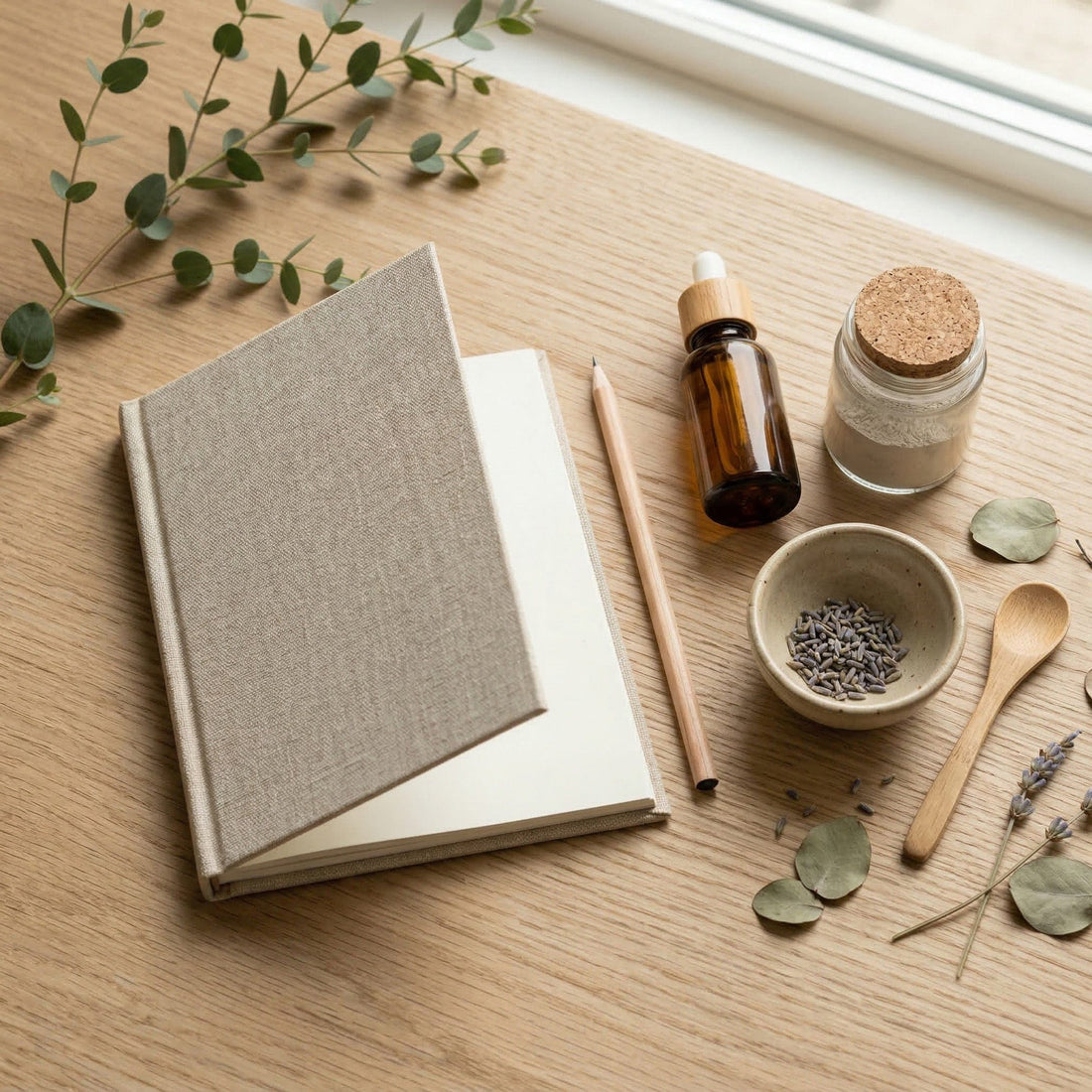 Open notebook with a pen, small bottle, and bowl on a wooden surface with greenery.