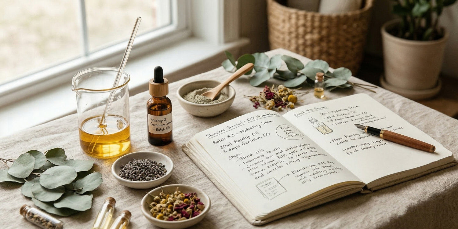 Open notebook with handwritten notes on a table with herbs and a bottle of oil.