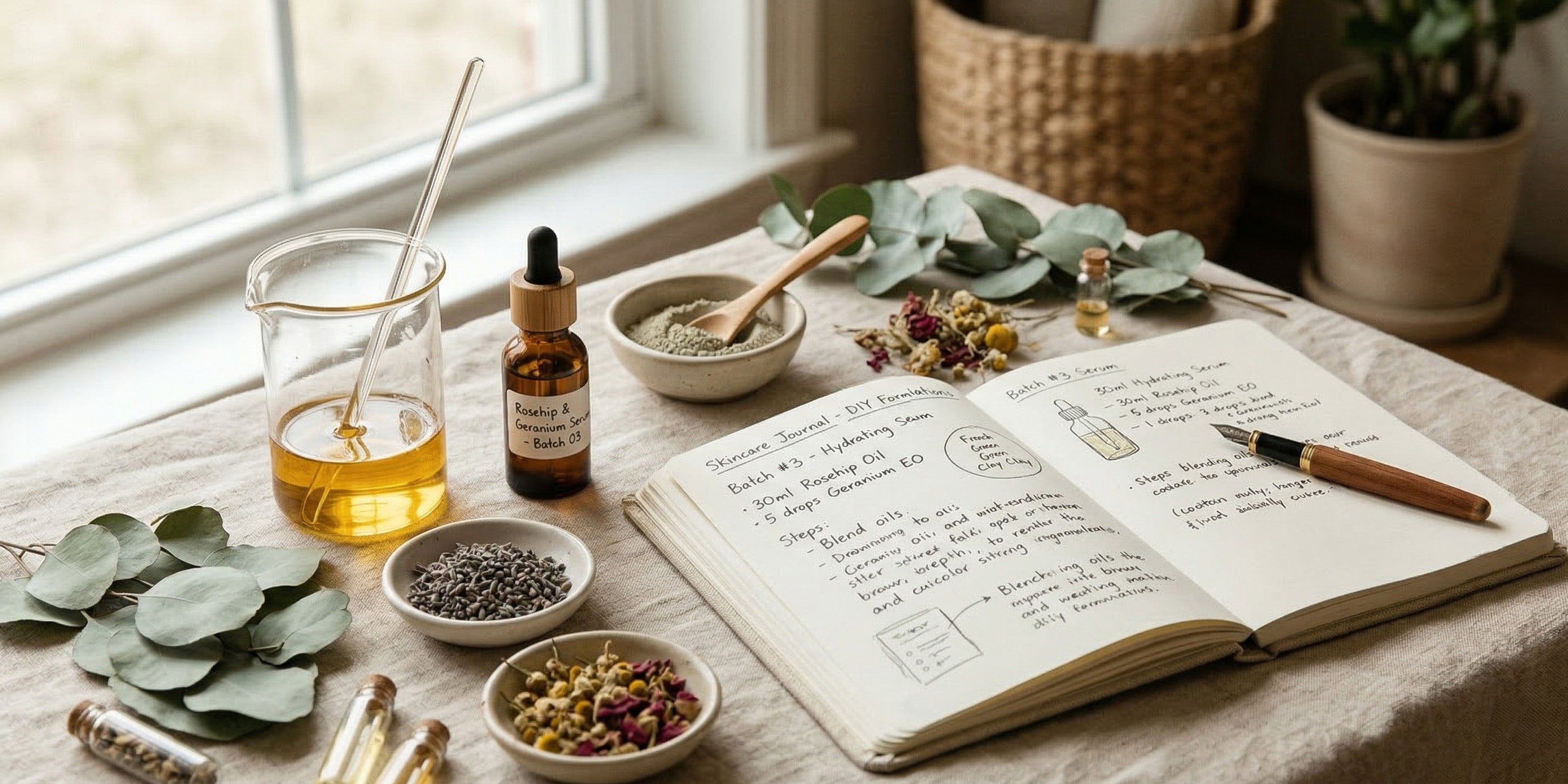 Open notebook with handwritten notes on a table with herbs and a bottle of oil.