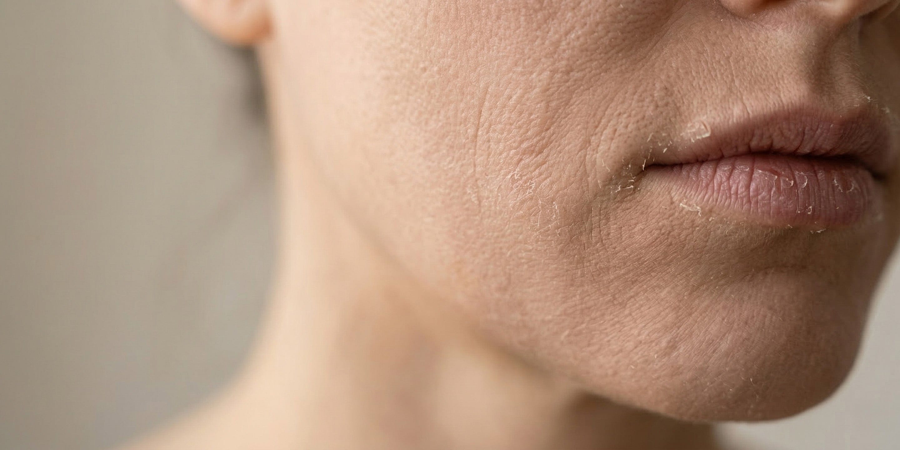 Close-up of a person's face with dry skin on a neutral background.
