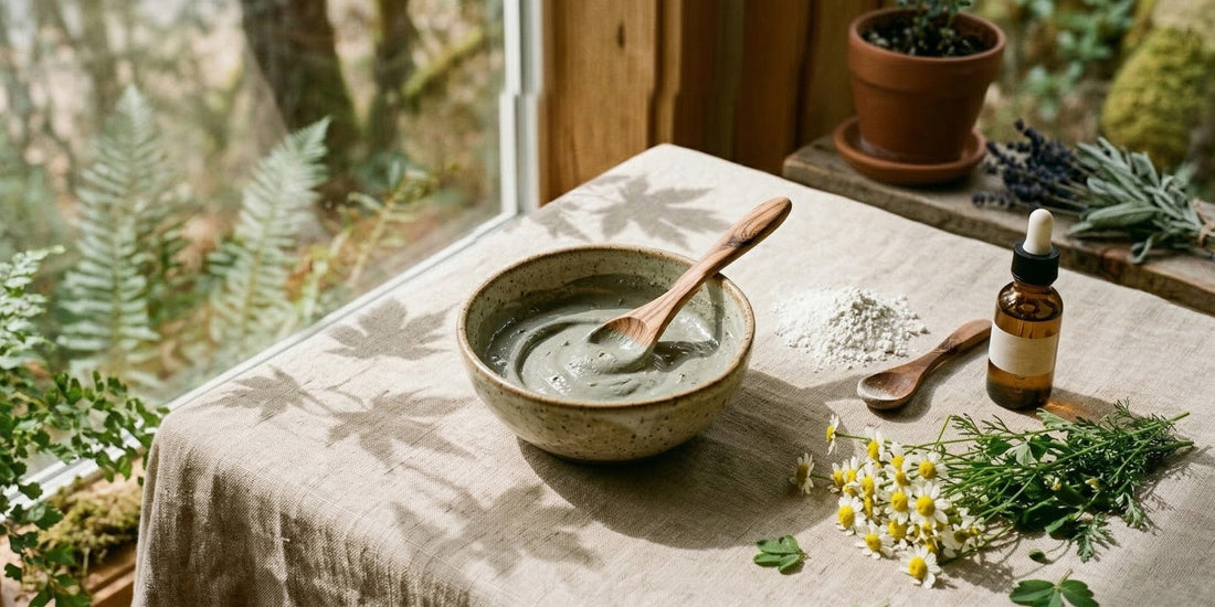 Herbal tea setup with a bowl, spoon, and bottle on a table with a natural background.