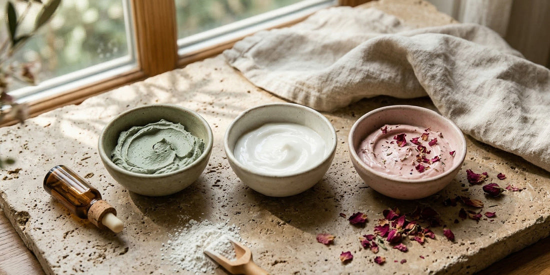 Three bowls with different substances on a textured surface near a window.