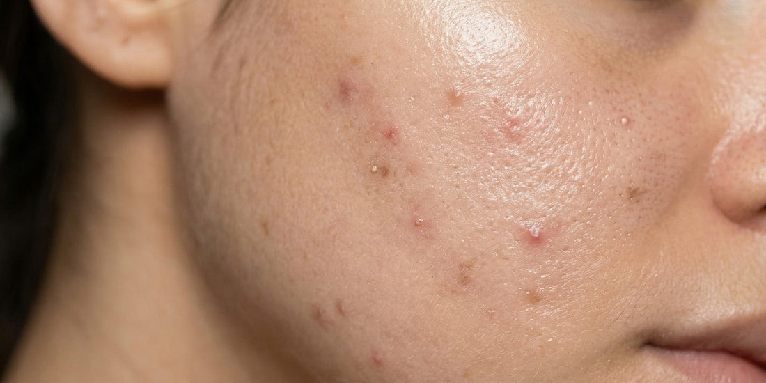 Close-up of a person's face with acne on the skin.