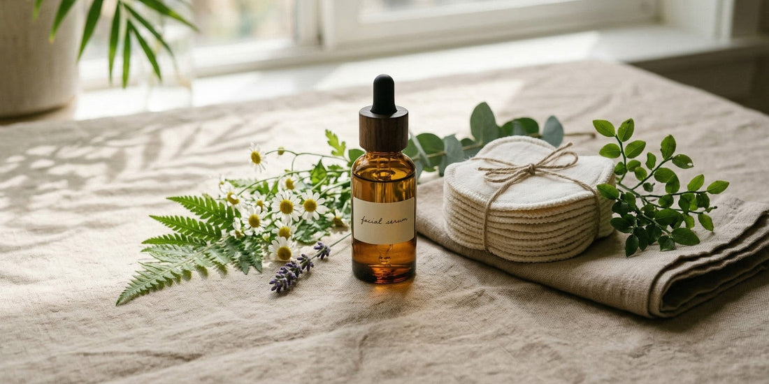 A bottle of essential oil with a dropper, surrounded by greenery on a textured surface.