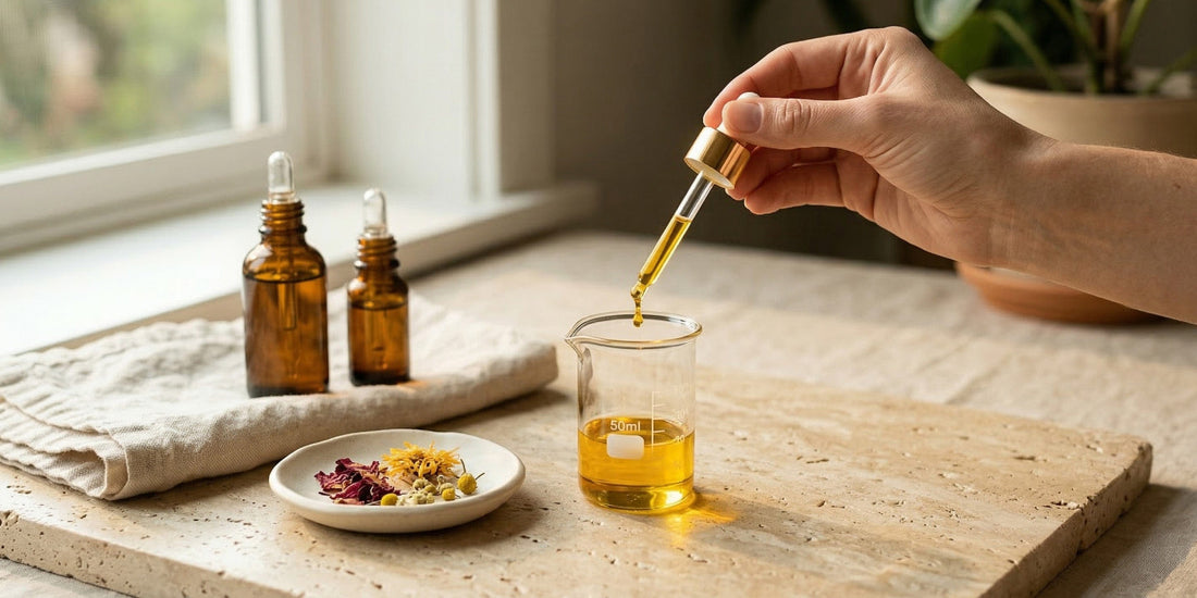 Hand using a dropper to add liquid from a bottle into a glass on a wooden surface with other bottles and a plate of herbs.