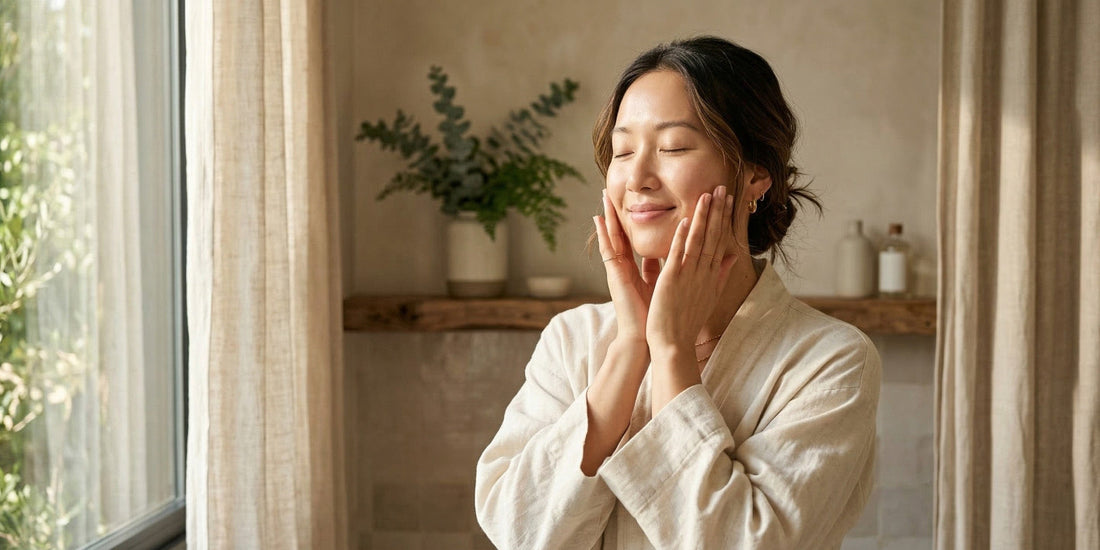 Woman in a bathrobe touching her face in a bathroom with a plant and shelves in the background.