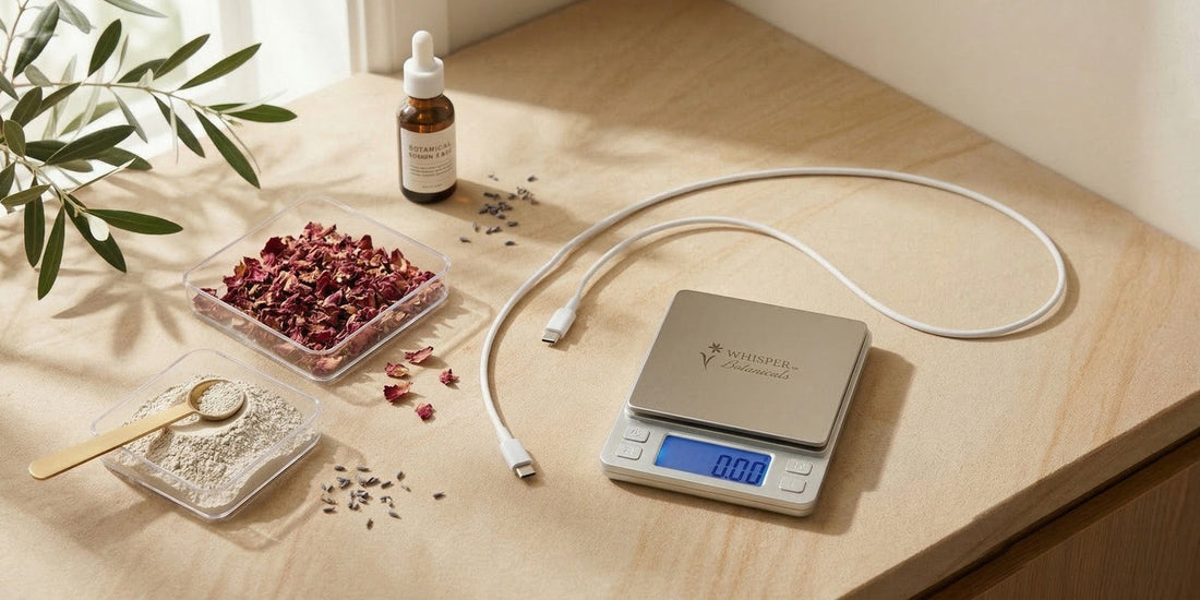 Digital scale on a wooden surface with dried herbs, a dropper bottle, and a spoon.
