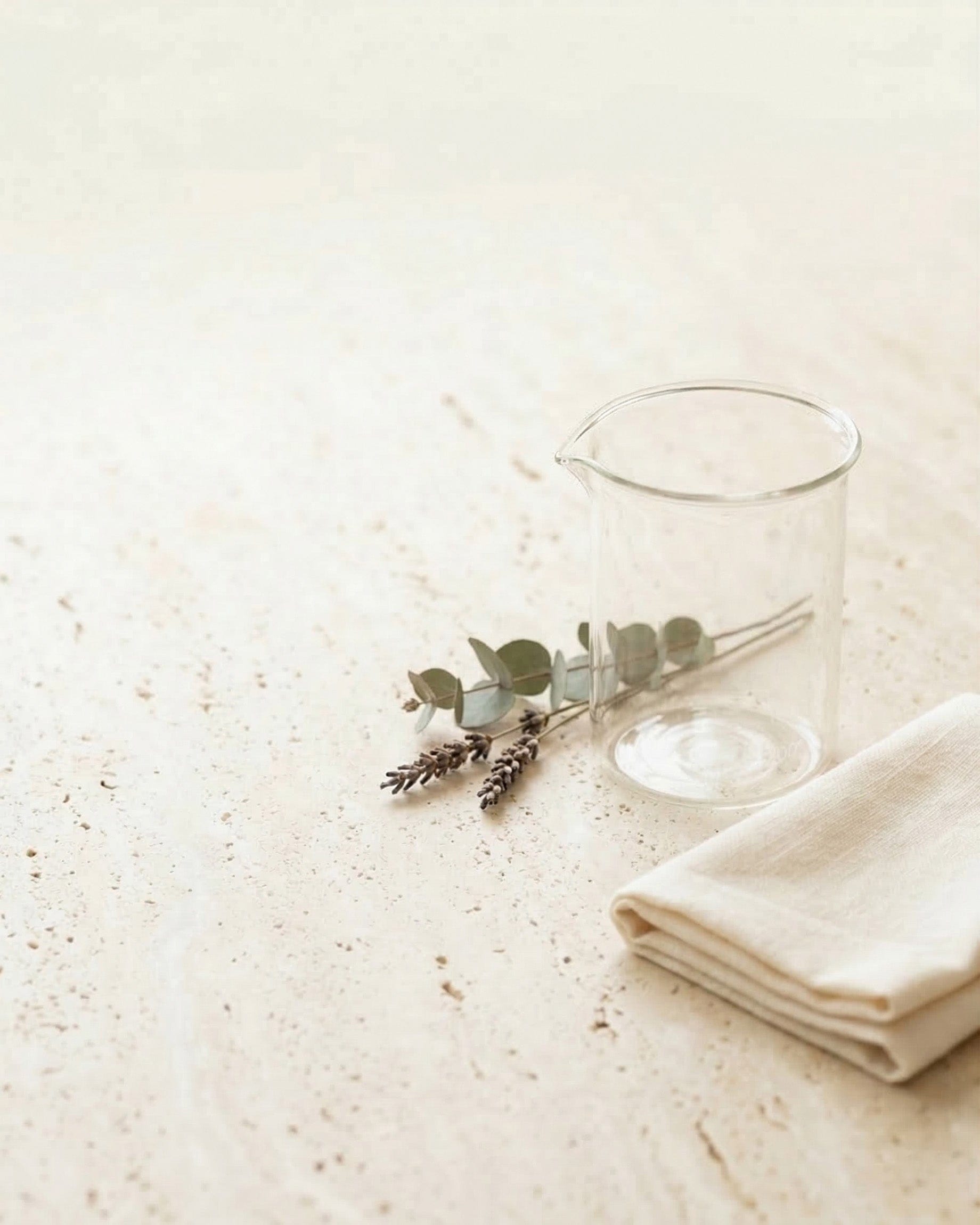 Clear glass beaker with eucalyptus and lavender on a textured beige surface.