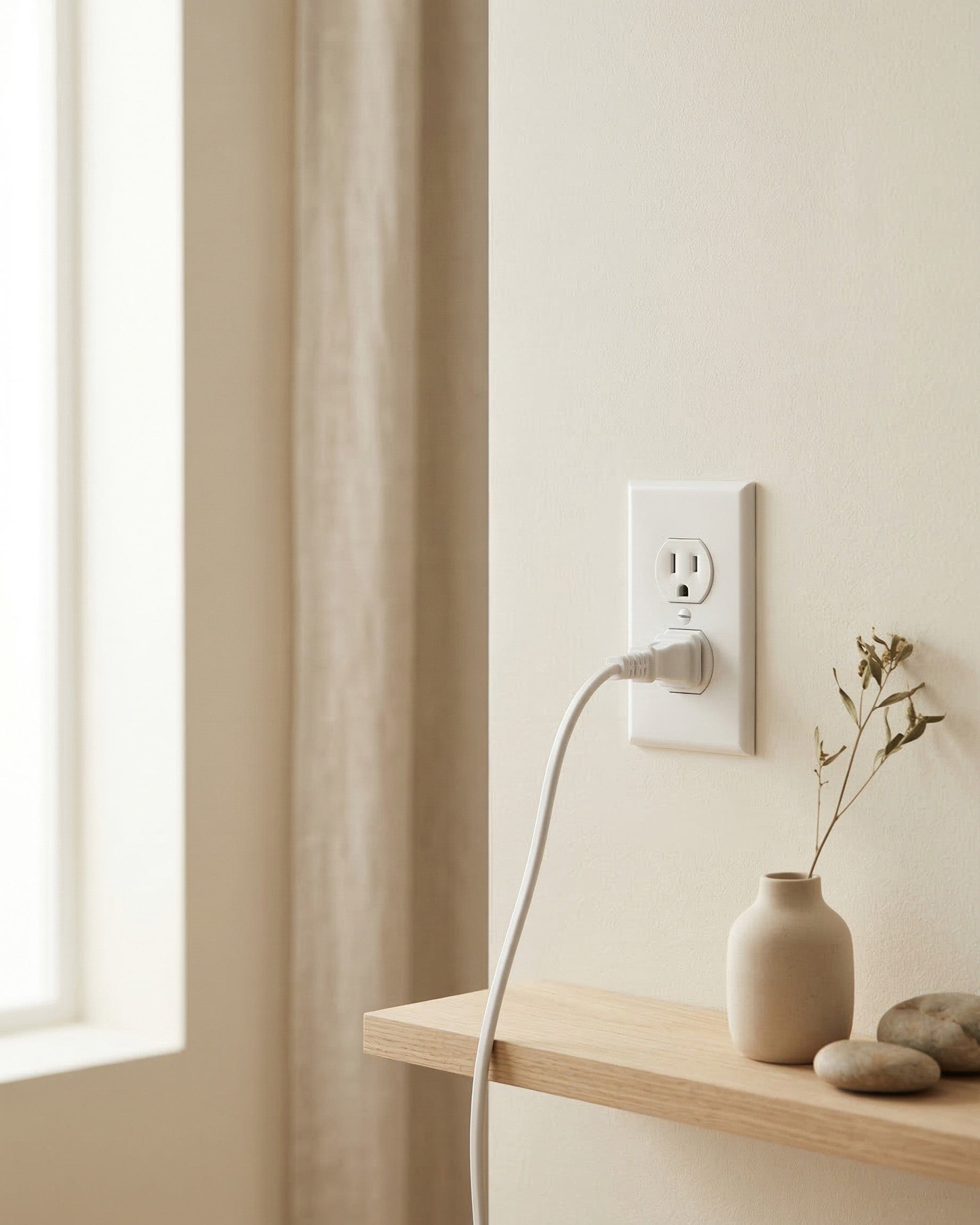 White electrical outlet with a plug on a neutral wall next to a window and wooden shelf.